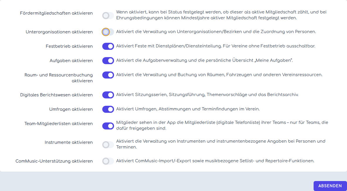 Bei ausgeschalteten Unterorganisationen sind Mitgliedschaftsmodus und Auswahlbegrenzung ausgeblendet