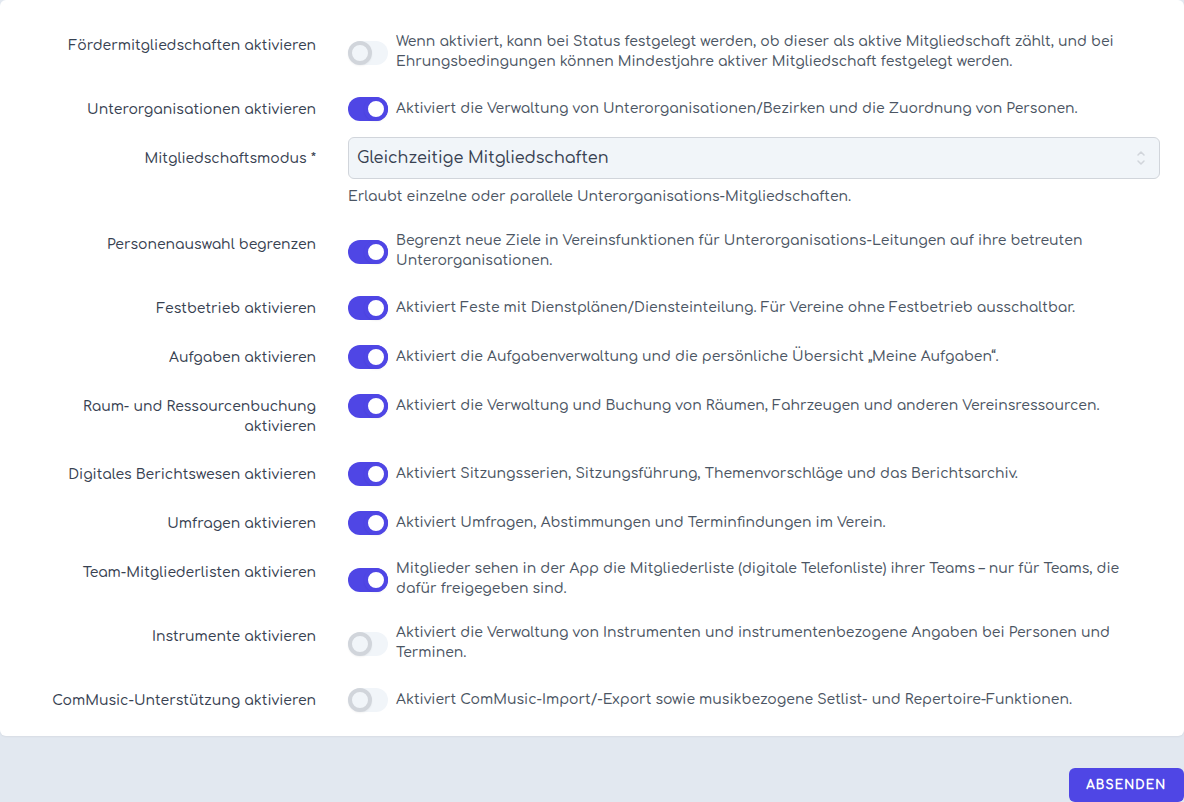 Funktionen mit eingeschalteten Unterorganisationen und den beiden abhängigen Einstellungen